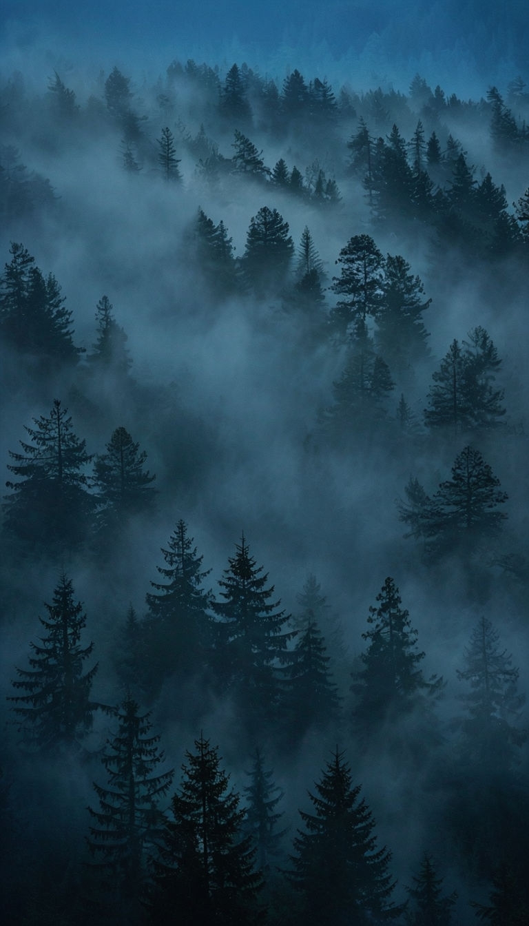Misty Evergreen Forest Landscape at Twilight Mobile Wallpaper