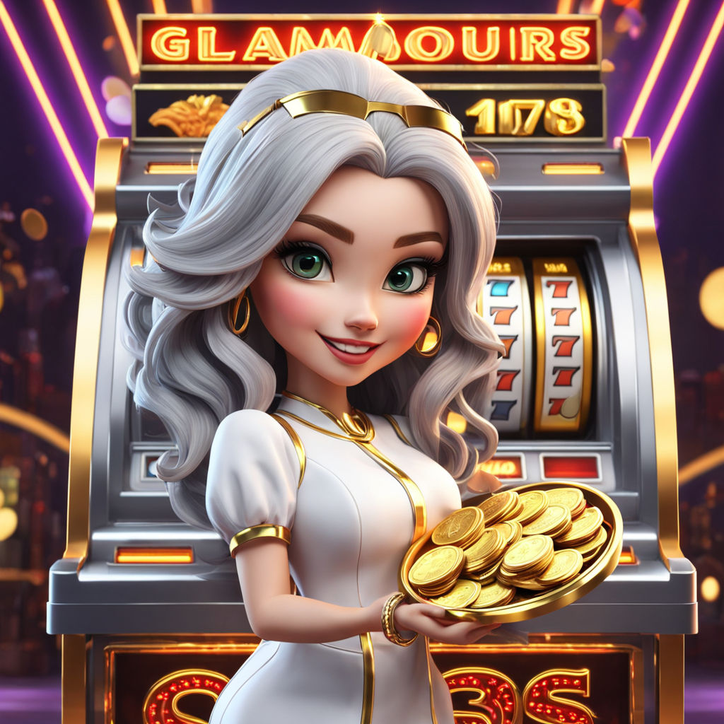 Ultra-realistic 3D render of a glamorous slot character holding golden coins, positioned in front of a slot machine that glows with a soft neon effect, color palette dominated by grey, white, and gold tones, high-resolution 4k detail, cinematic.