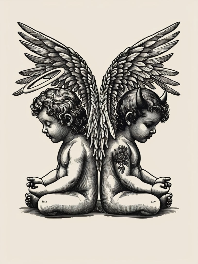 Intricate Vintage Cherubs Illustration of Good and Evil Art