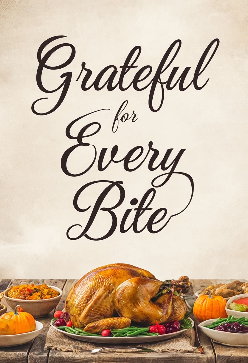 Warm Thanksgiving Feast with Grateful for Every Bite Text Card