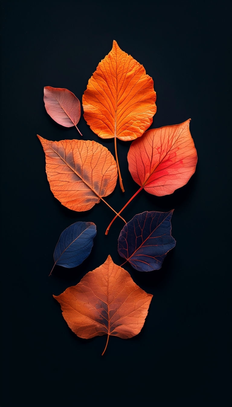 Vibrant Autumn Leaves Arrangement Against Black Background Mobile Wallpaper