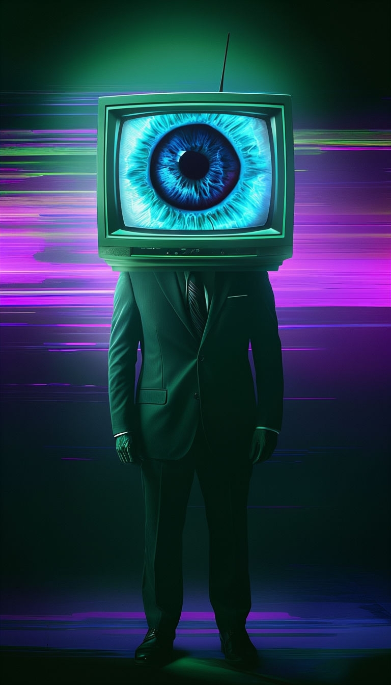 Surreal CRT Television Head with Neon Eye Artwork Mobile Wallpaper