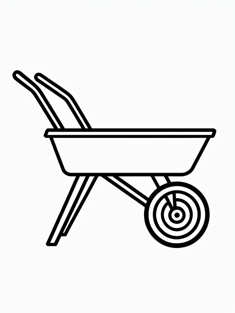 Minimalist Black Line Drawing of a Wheelbarrow Coloring Book Page