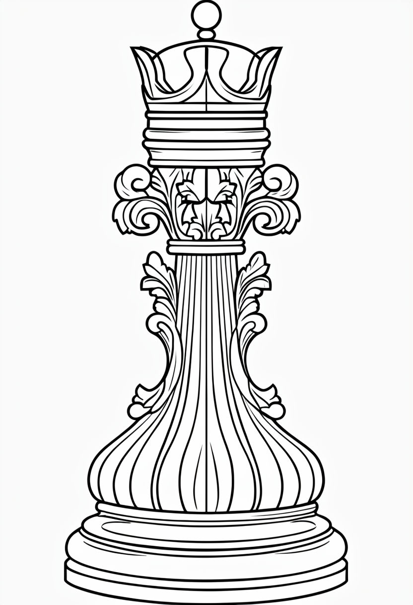 Intricate Wooden Chess King Outline Drawing for Coloring Book Pages