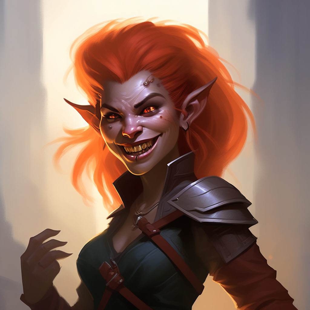 A female DND 5E hobgoblin with orange skin by Traxe SC - Playground