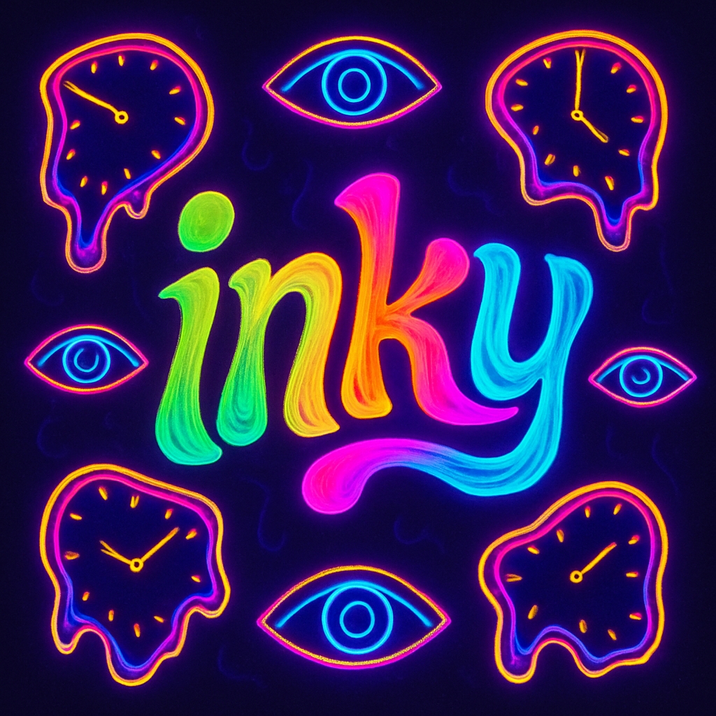 Psychedelic Neon 'Inky' Artwork with Melting Clocks Album Cover