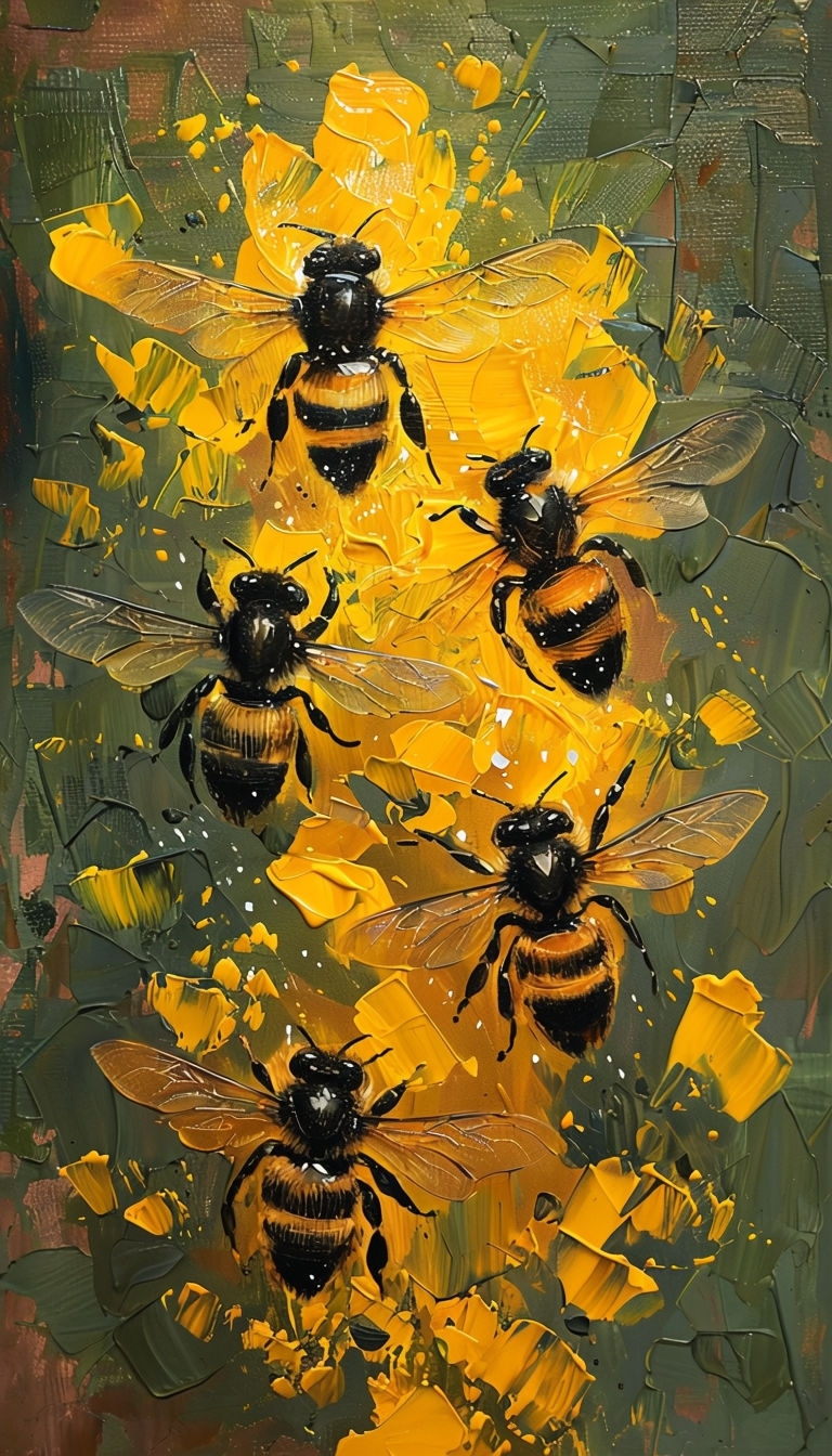 Vibrant Swarm of Bees Oil Painting with Dynamic Texture Mobile Wallpaper