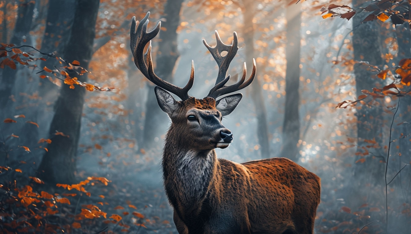 Majestic Deer in Autumn Forest with Mystical Atmosphere Background