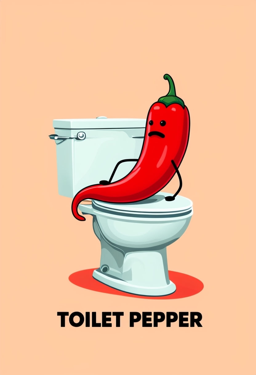 Humorous Cartoon Chili Pepper on Toilet Illustration Poster
