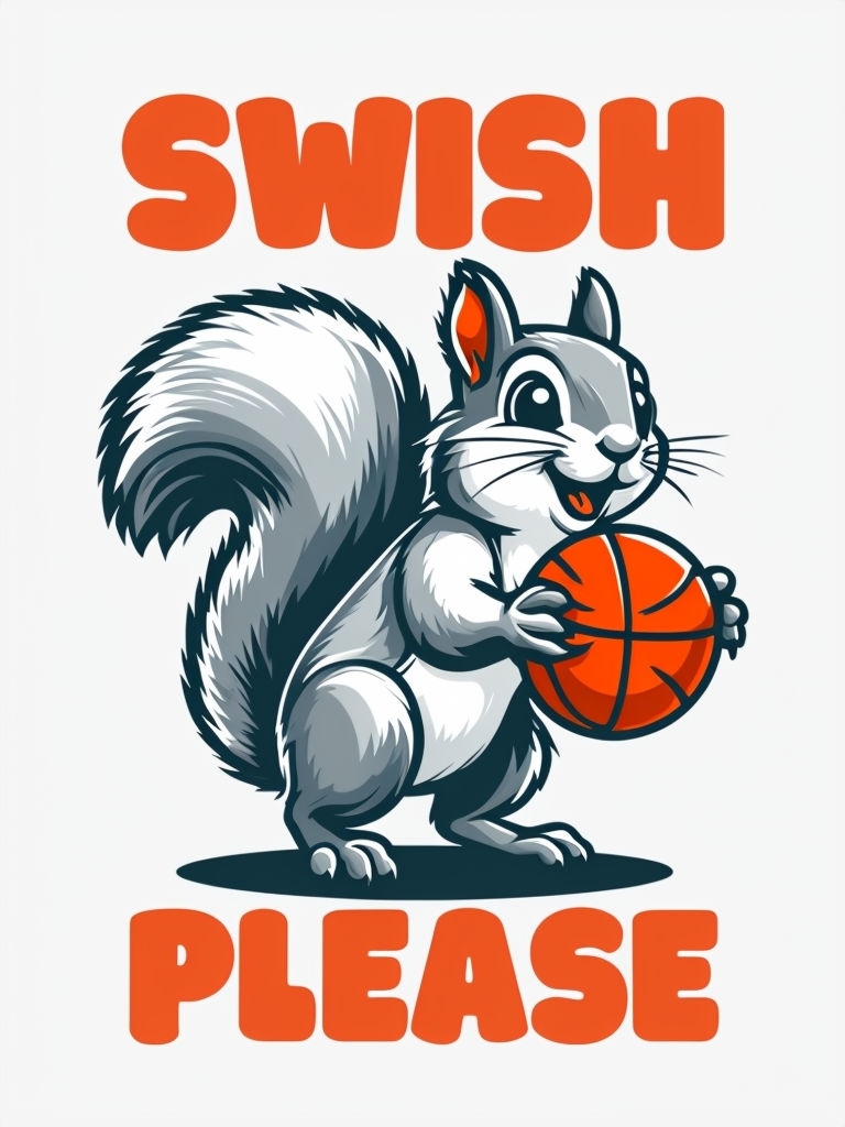 Playful Grey Squirrel with Basketball and SWISH PLEASE Text T-Shirt