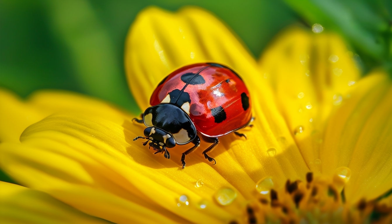 Vibrant Crimson Ladybug on Golden Sunflower Petal Backgrounds