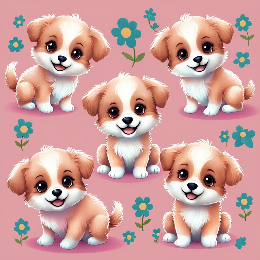 Adorable Cartoon Puppies in Floral Pattern Seamless Design