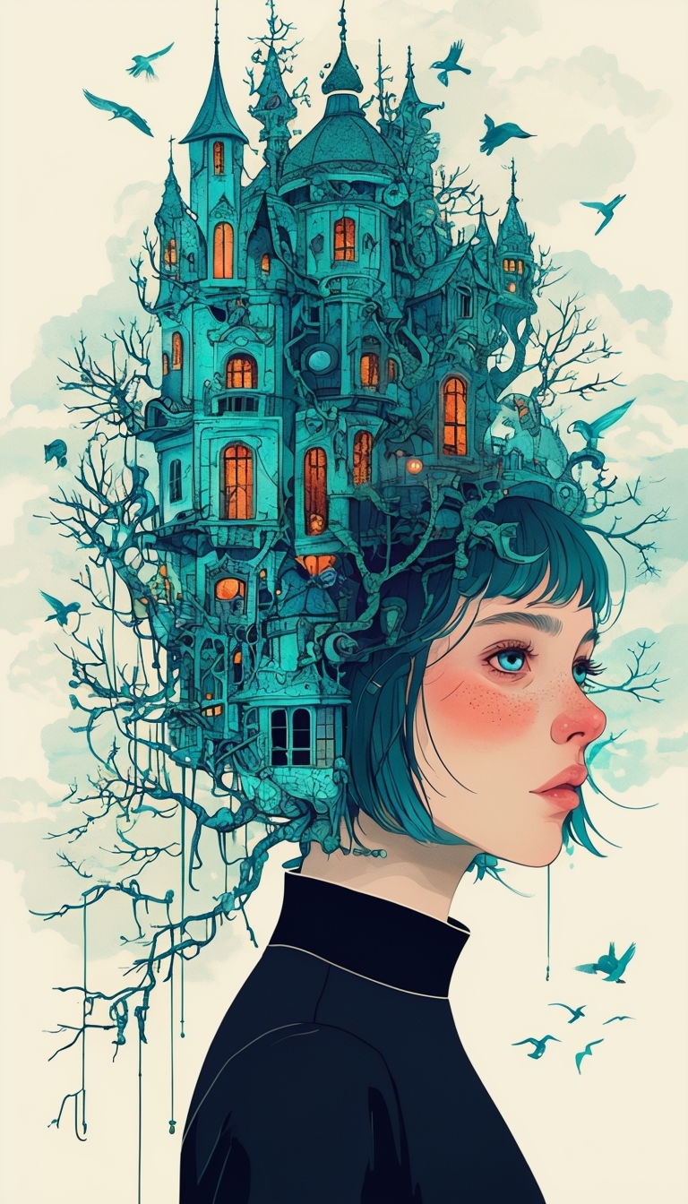 Surreal Fantasy Woman with Castle and Birds Digital Art Poster