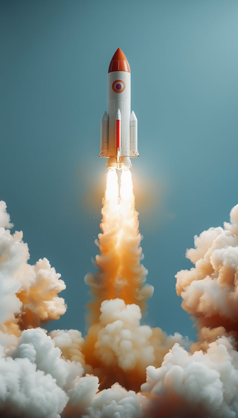 Dynamic Rocket Launch Illustration Against Blue Sky Mobile Wallpaper