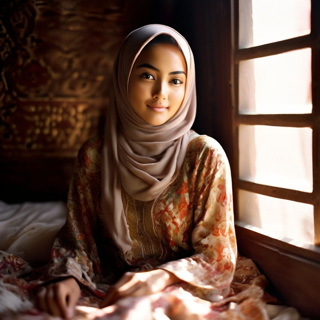 looking to beautiful hijab malay girl sitting at the bus stop