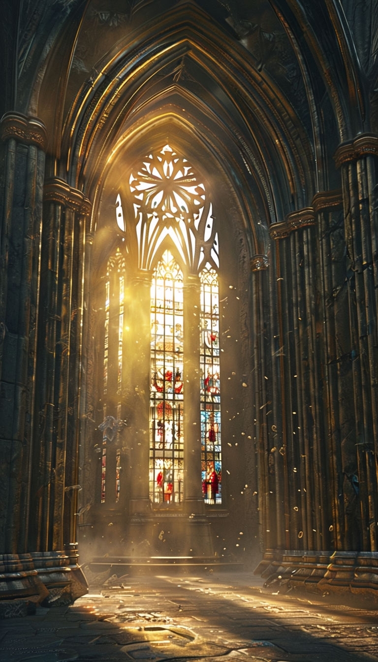 Gothic Cathedral Archway with Stained Glass Light Wallpaper