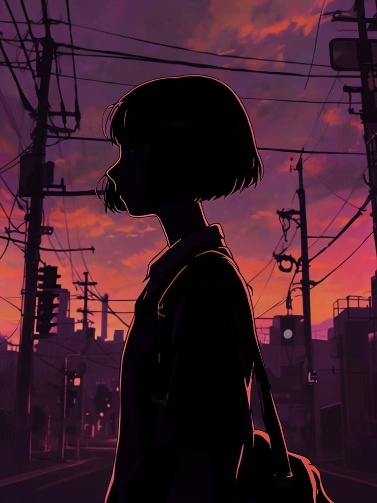 Contemplative Anime Silhouette Against Colorful Sunset Art