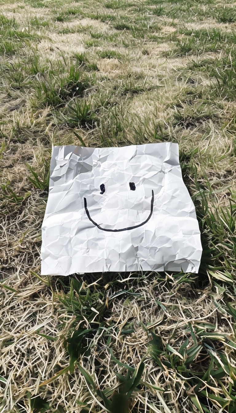 Crumpled White Paper with Smiley Face on Grass Mobile Wallpaper