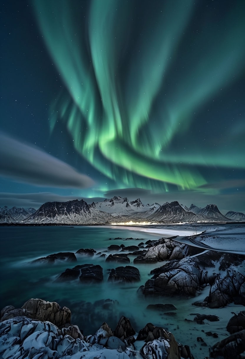 Majestic Aurora Borealis Over Snowy Coastal Landscape Wallpaper