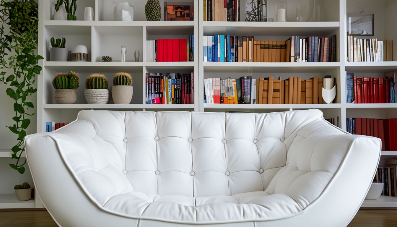 Cozy Indoor Modern Chair with Bookshelf Virtual Background
