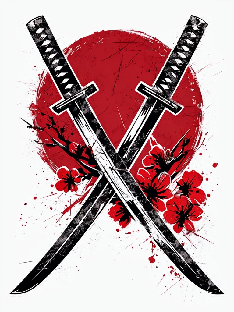 Bold Crossed Katanas and Cherry Blossom Design T-Shirt