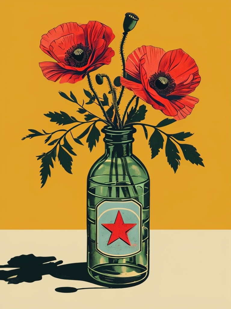 Vintage Green Bottle Vase with Poppies Illustration Art