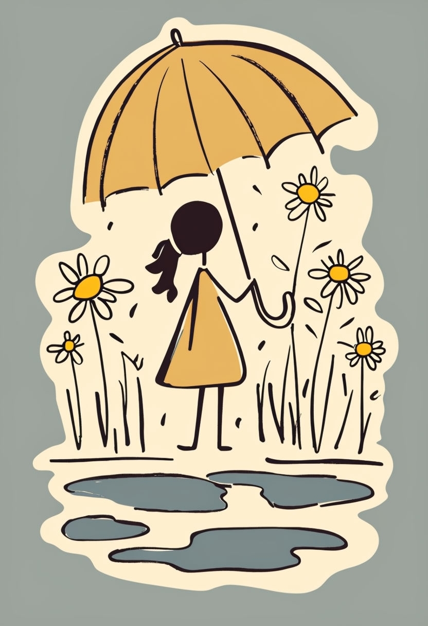 Stylized Girl with Umbrella and Daisies Illustration T-Shirt