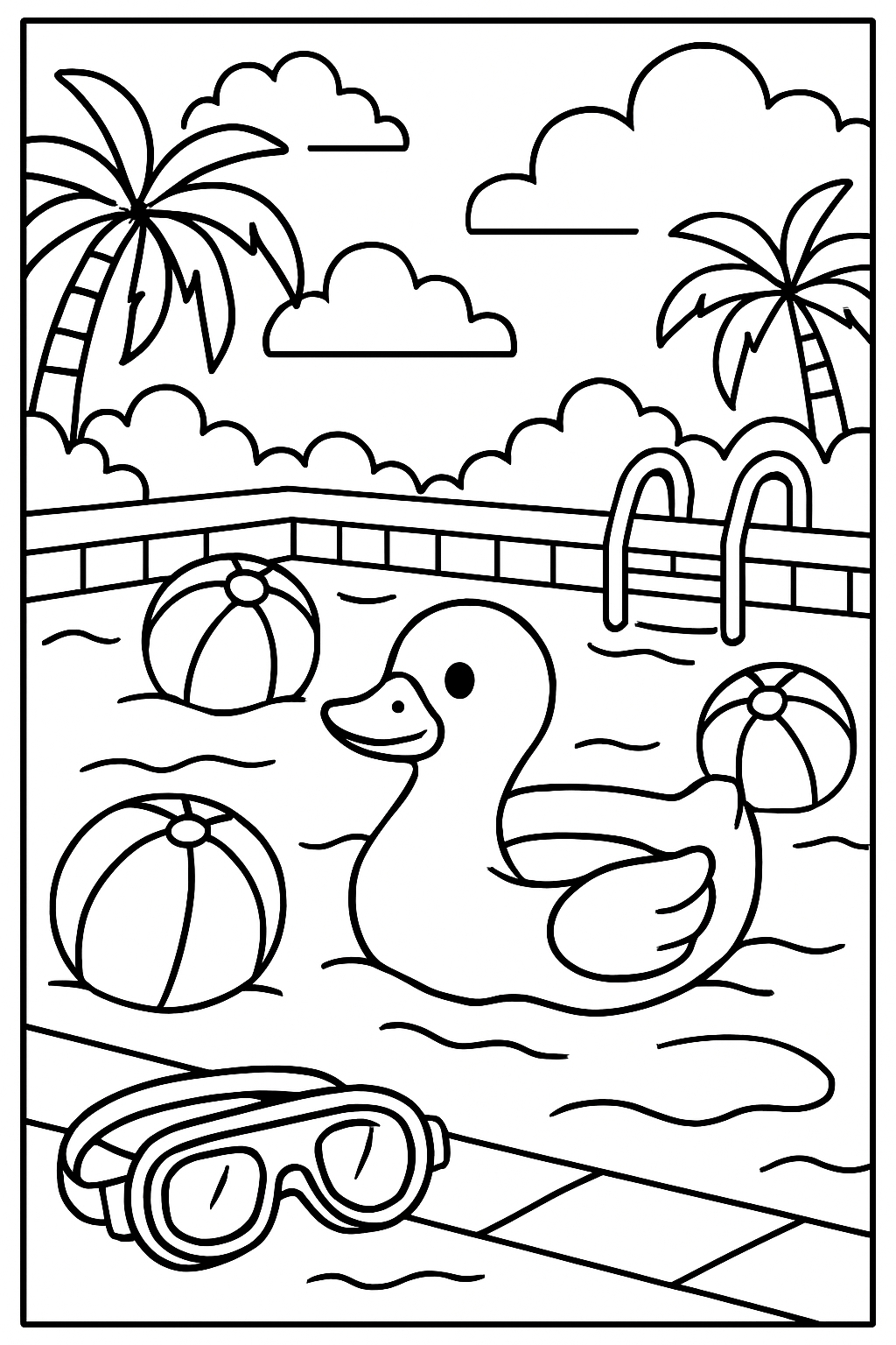 Playful Rubber Duck Swimming Pool Scene Coloring Page