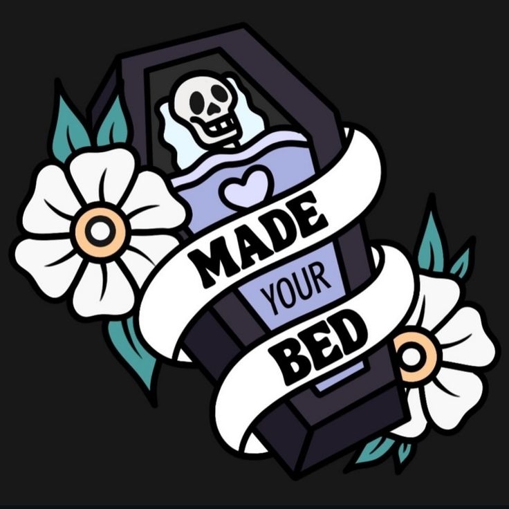 Whimsical Tattoo-Style Coffin with Skull and Flowers Sticker