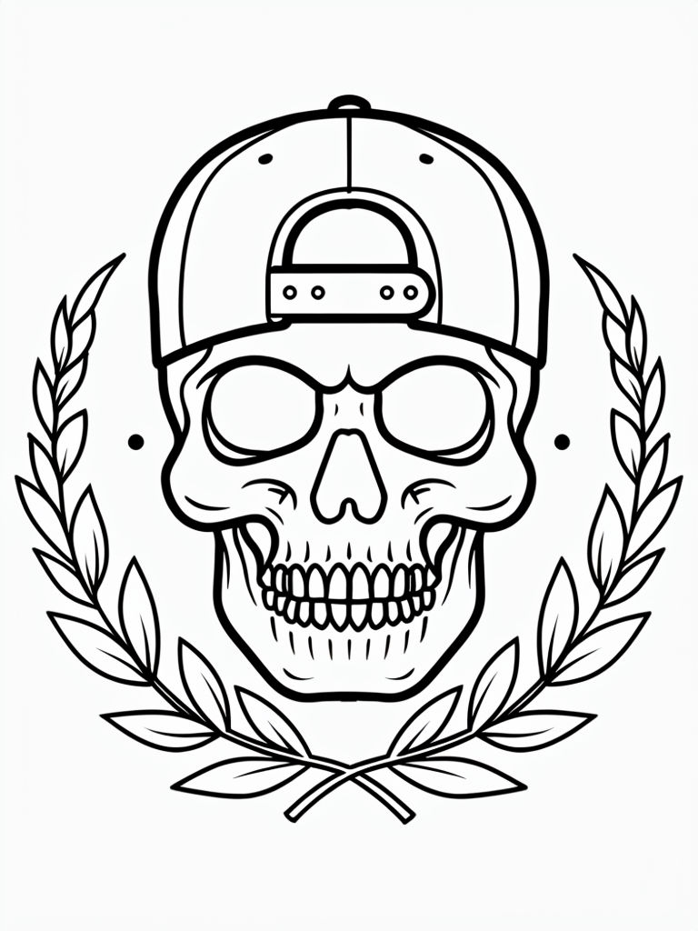 Stylized Skull with Baseball Cap and Wreath Coloring Page