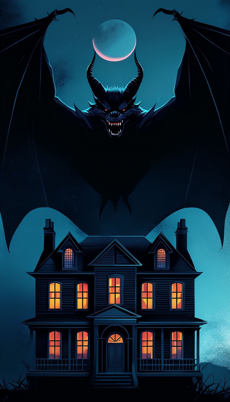 Eerie Haunted House with Bat Creature Mobile Wallpaper