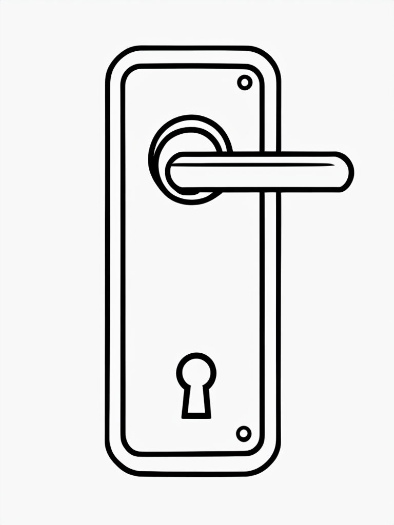 Minimalist Black Line Drawing of Door Handle and Lock Coloring Book Pages