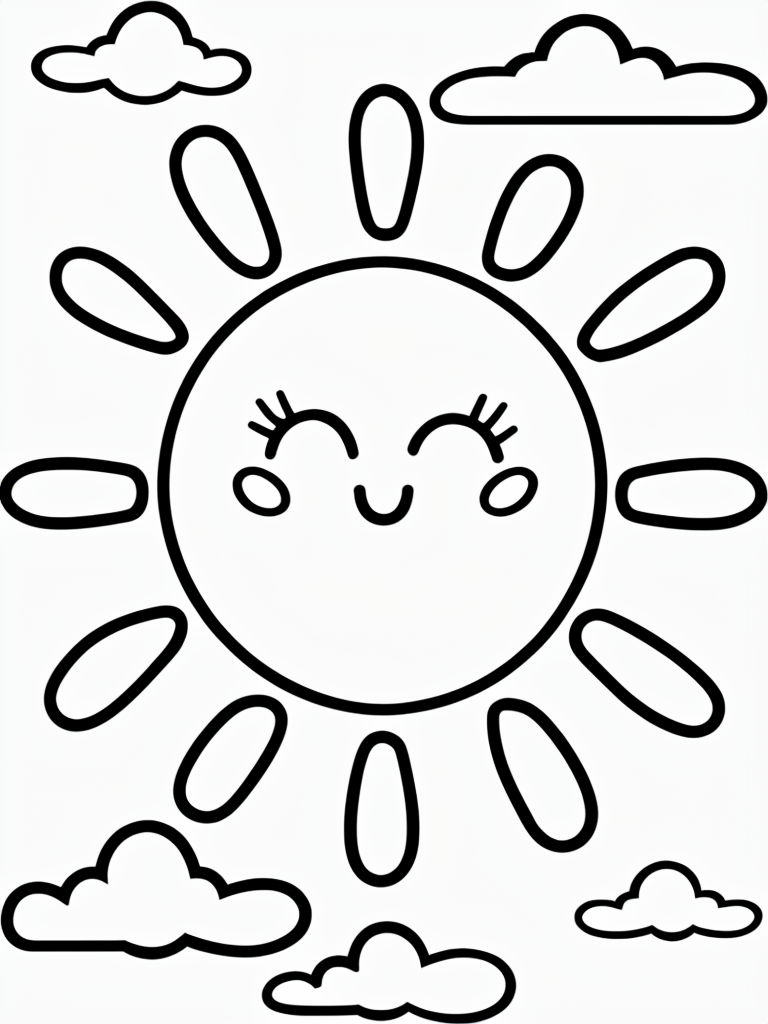 Cheerful Cartoon Sun and Clouds Illustration for Coloring Book Pages