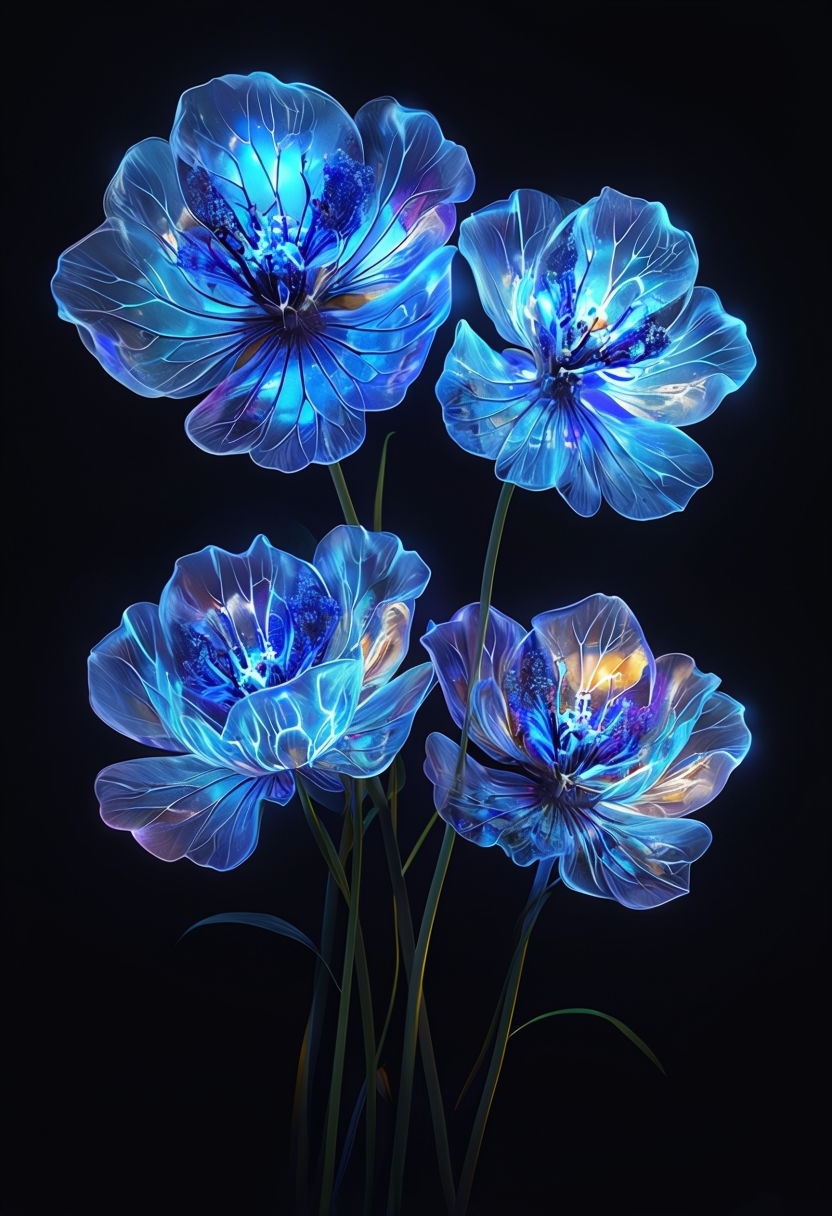 Glowing Blue Flowers Ethereal Artwork on Black Background Art