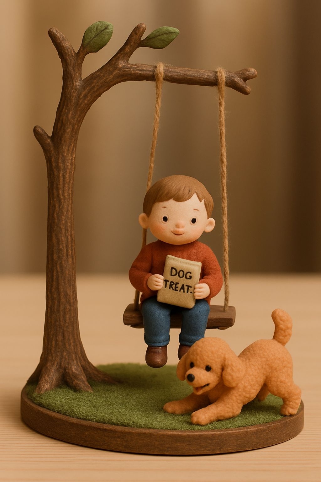 Charming Whimsical Boy on Swing with Playful Dog Figurine Art