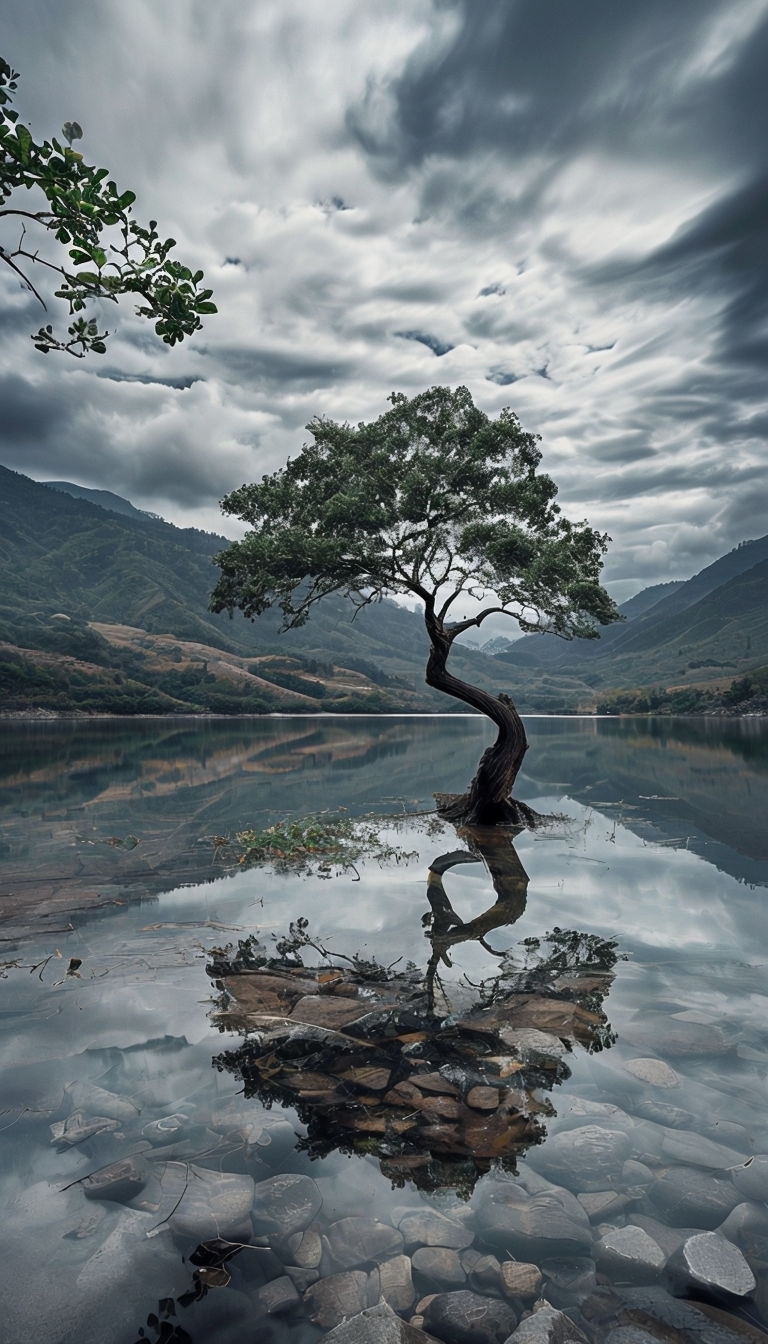 Serene Reflective Lake Landscape with Solitary Tree Mobile Wallpaper