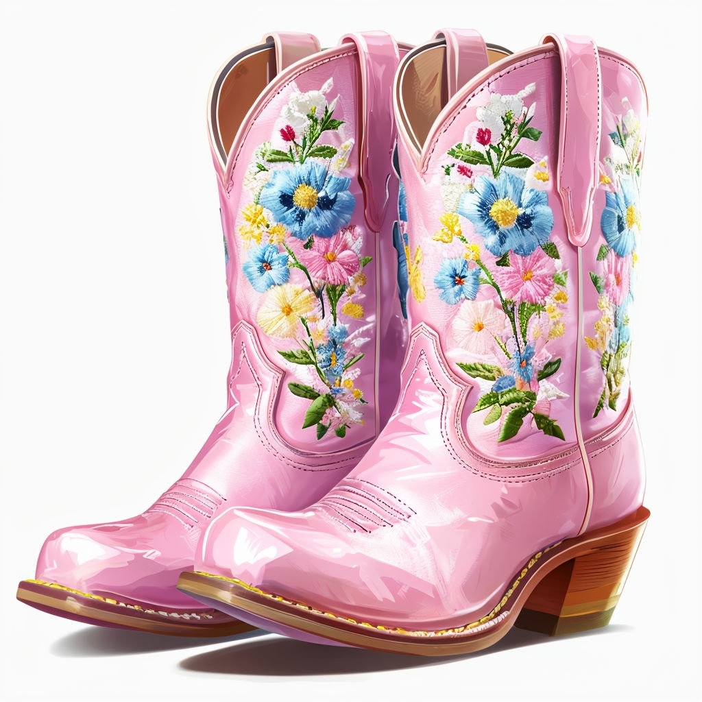Shiny Pink Cowgirl Boots with Floral Embroidery T-Shirt