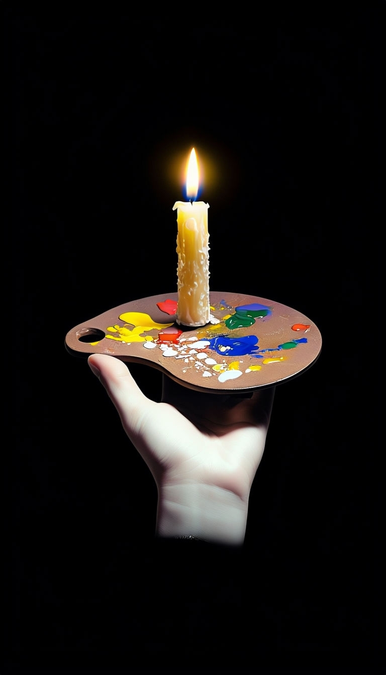 Surrealistic Painting of Hand and Palette with Candle Glow Mobile Wallpaper