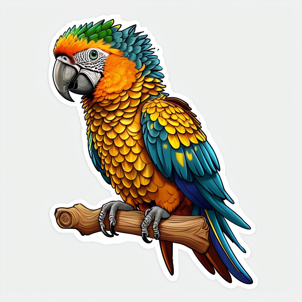 Vibrant Cartoon Parrot Perched on Branch Sticker Design