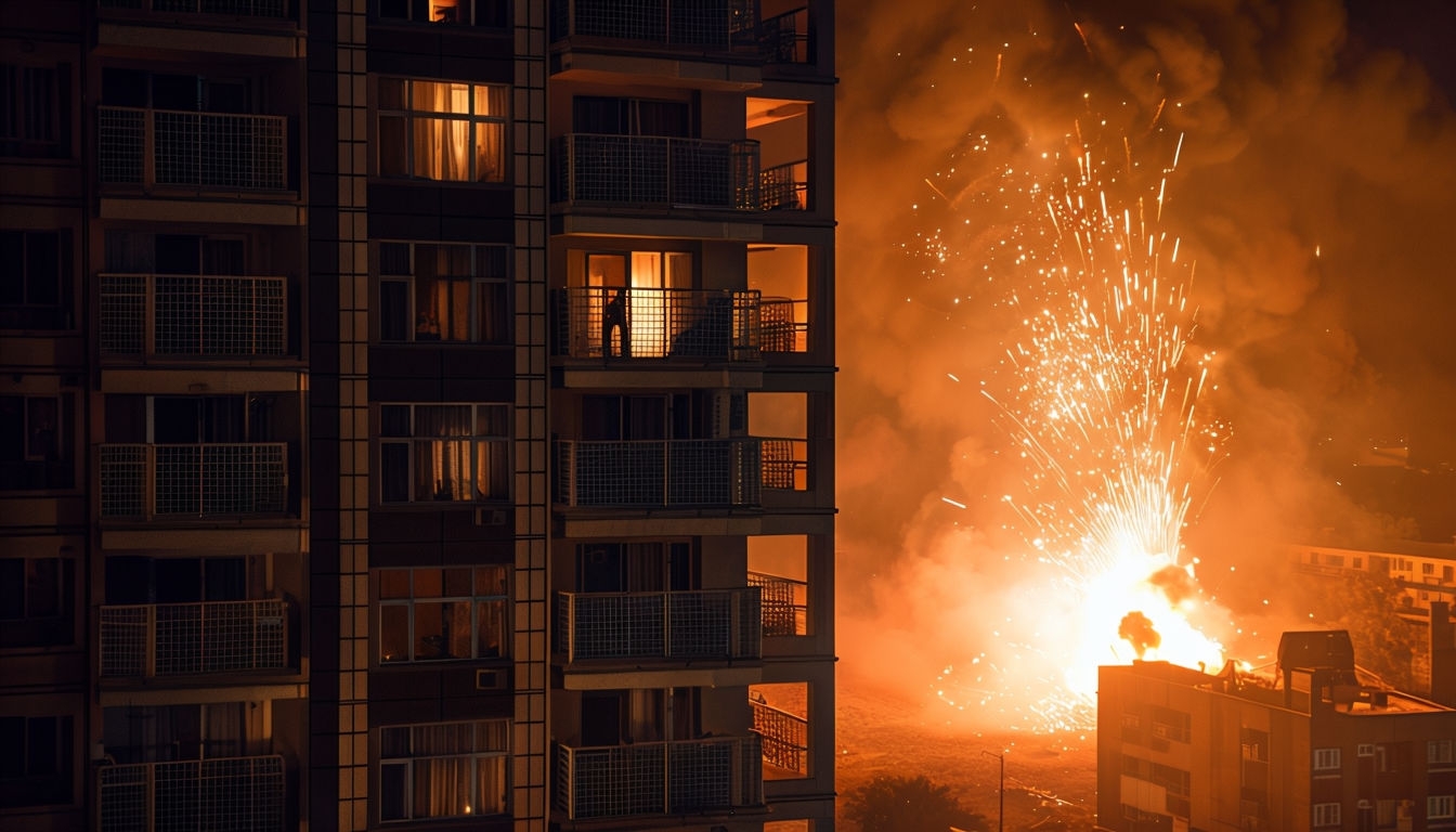 Dramatic Urban Night Scene with Explosion and Fire Virtual Background