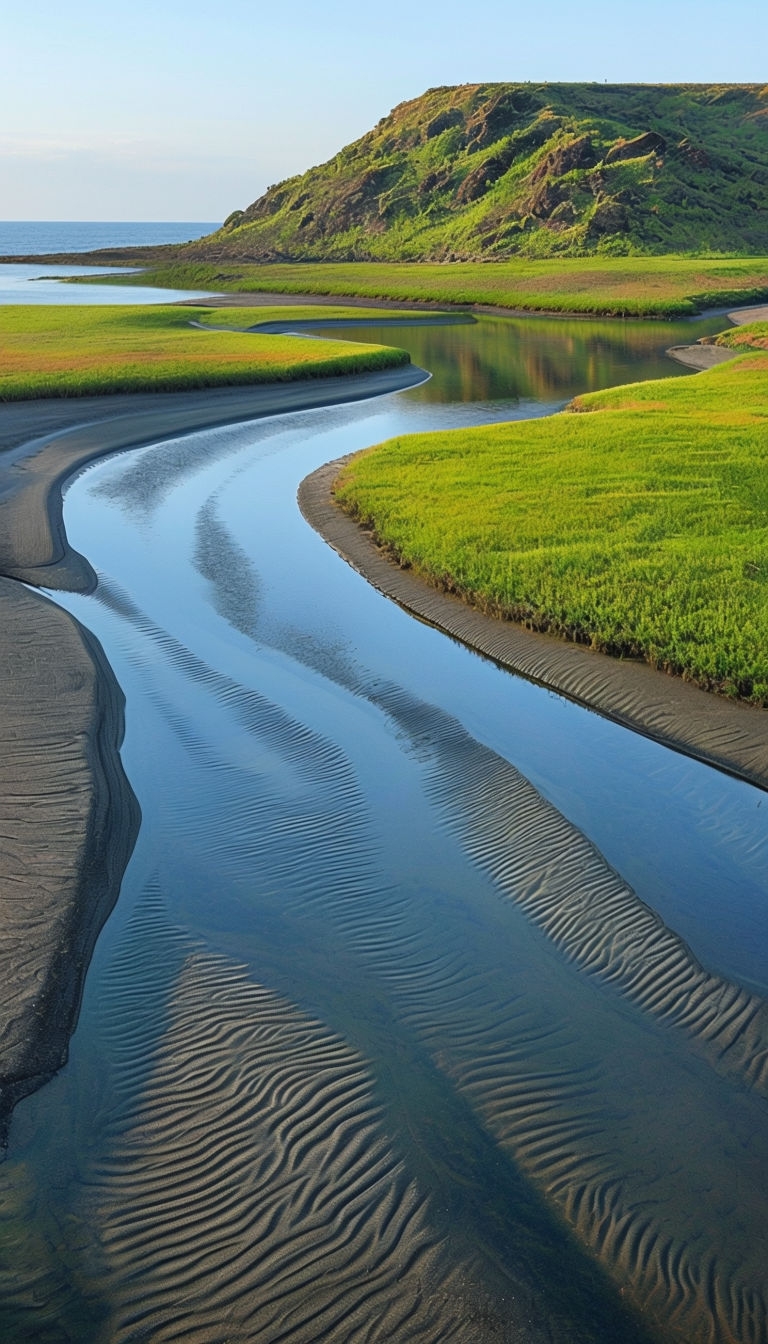 Tranquil Wetland Landscape with Calm Stream and Blue Sky Mobile Wallpaper