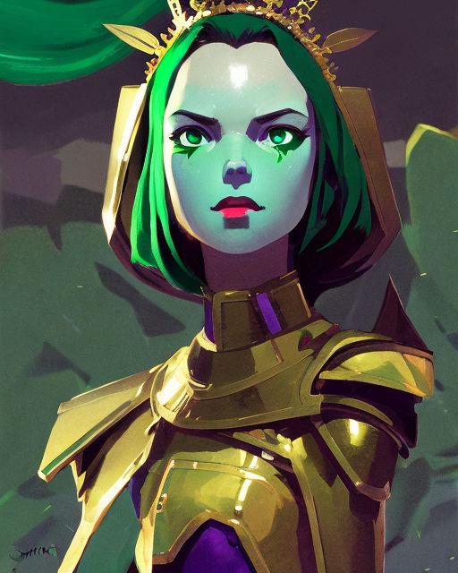 Green queen with lipstick and a big cape. Golden armor. blac... by ...