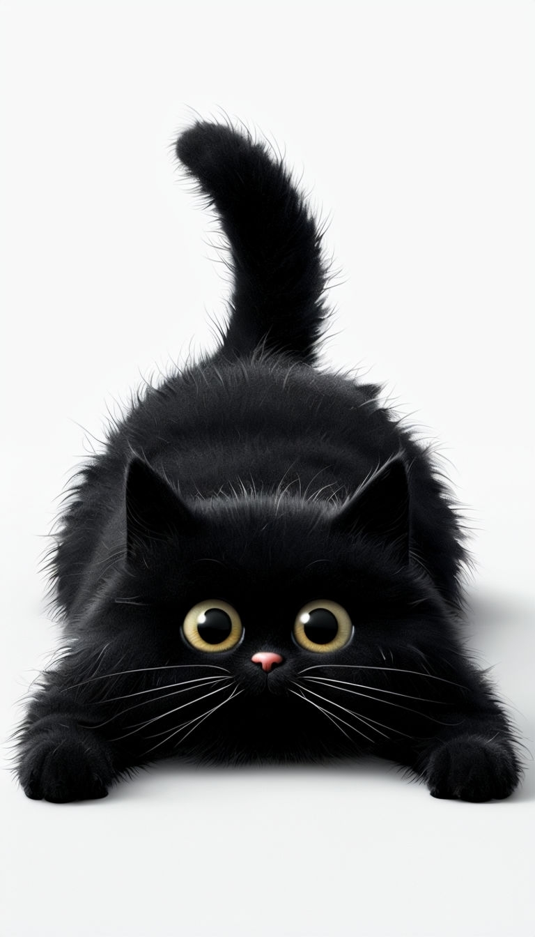Adorable Animated Black Cat Close-Up Digital Illustration Mobile Wallpaper