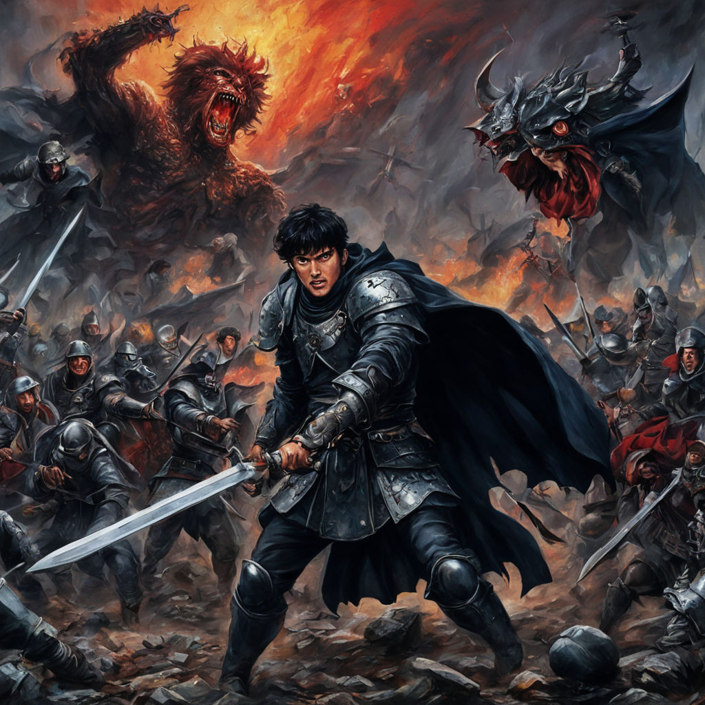 Berserk Guts fighting demons in a battlefield in a 1982 dark... by ...