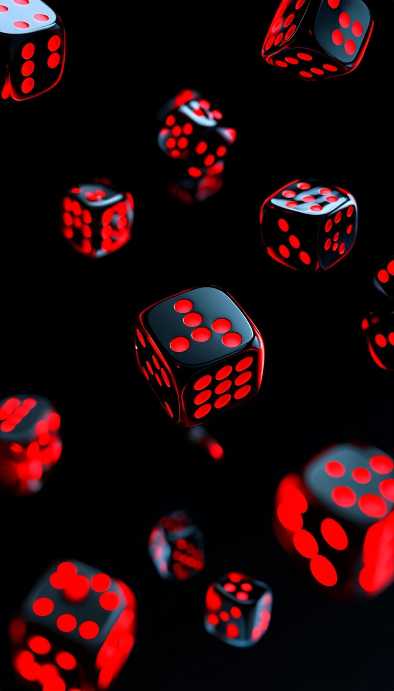 Glossy Black Dice with Red Neon Dots Against Dark Background Mobile Wallpaper