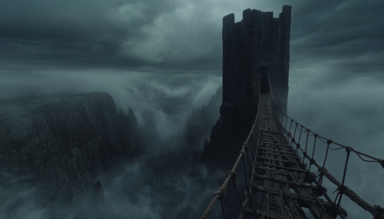 Mysterious Foggy Chasm and Monolithic Tower Virtual Background