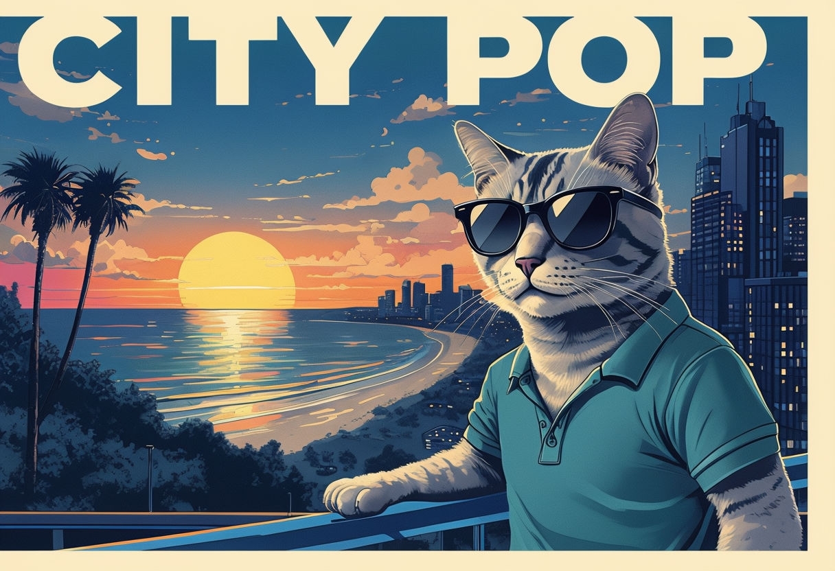 Cool Cat in Sunglasses with Vibrant Sunset Cityscape Poster