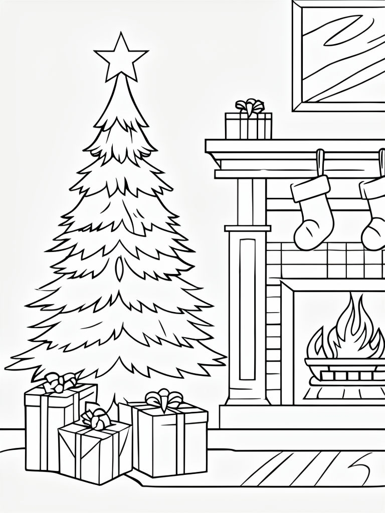 Simple Christmas Tree and Fireplace Coloring Book Page