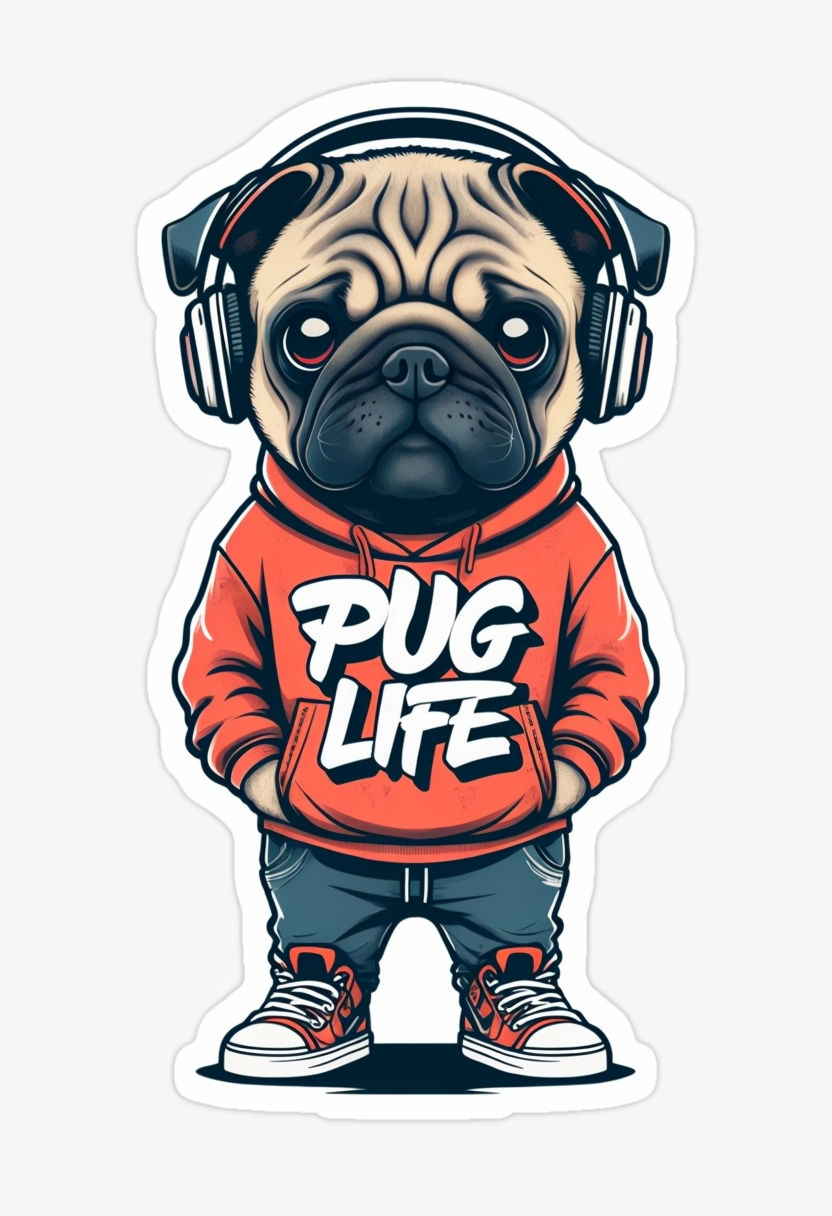 Chibi Urban 'Pug Life' Sticker with Graffiti-Style Lettering