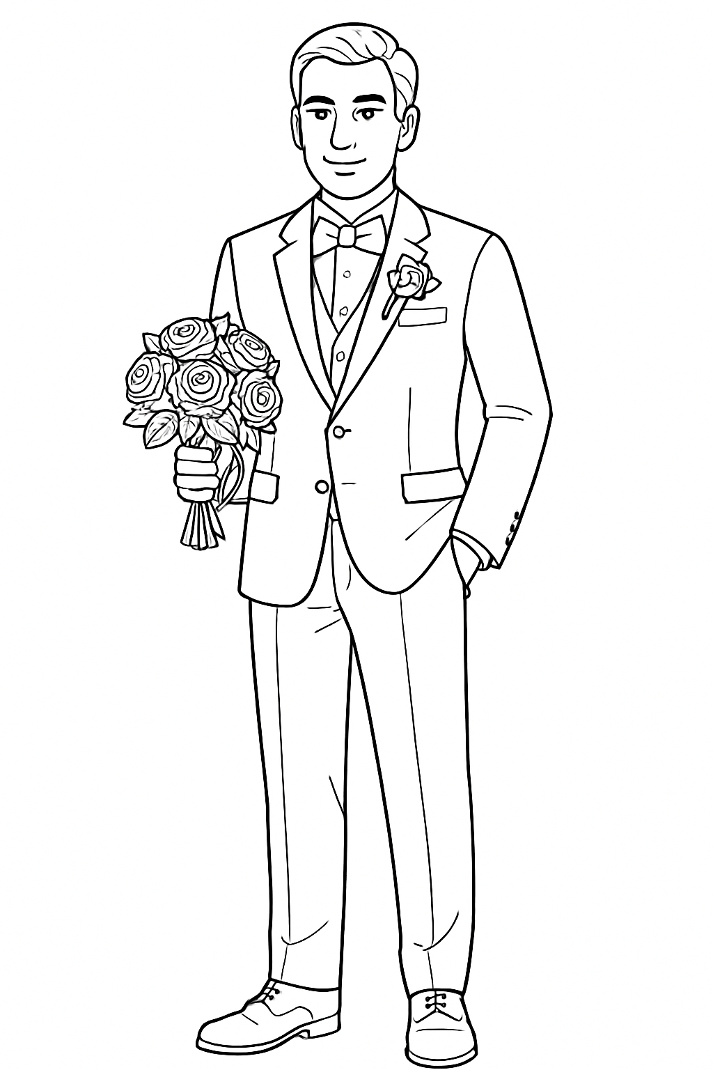 Elegant Man in Tuxedo Holding Roses Line Drawing Coloring Book Pages
